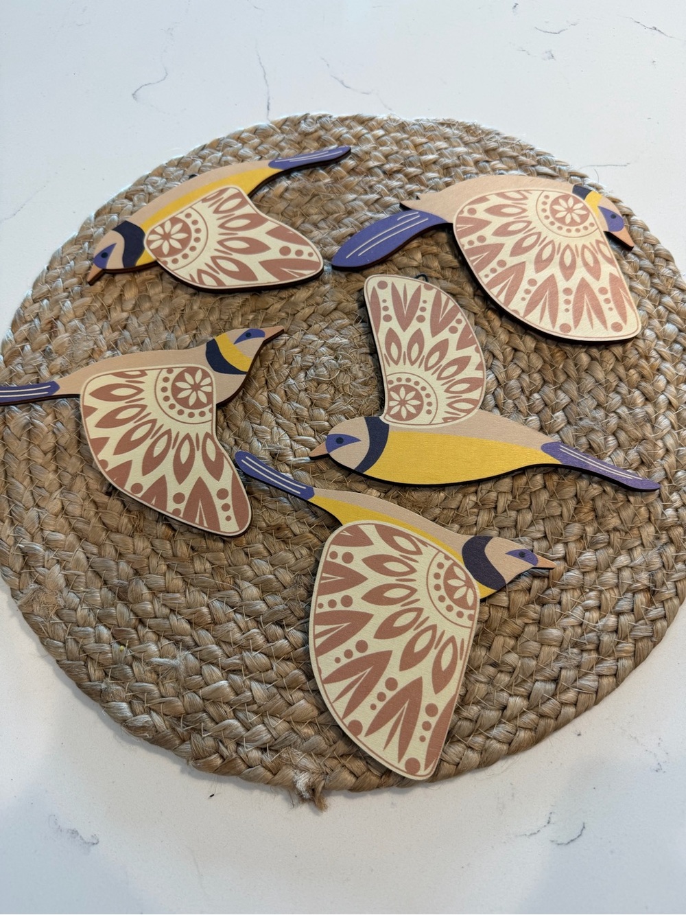 Yellow & Purple Decorative Flying Bird Wall Art Set -Scandinavian Folk Art Style